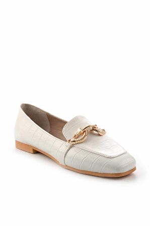 Bambi Beyaz Kroko  Kadın Loafer Ayakkabi K01641166211