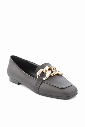 Bambi Siyah Baski Detayli  Kadın Loafer Ayakkabi K01641165910