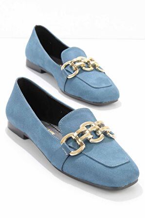 Bambi Mavi Süet  Kadın Loafer Ayakkabi K01641166502