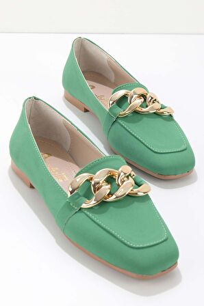Bambi Mat Yesil Saten  Kadın Loafer Ayakkabi K01641165938