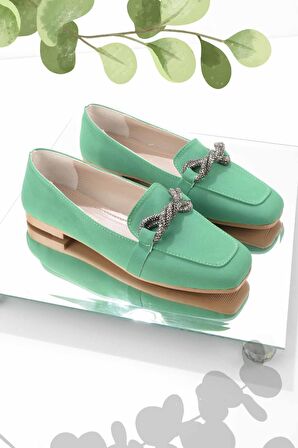 Bambi Mat Yesil Saten  Kadın Loafer Ayakkabi K01641166438