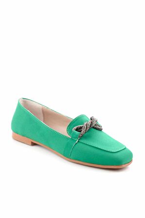 Bambi Mat Yesil Saten  Kadın Loafer Ayakkabi K01641166438