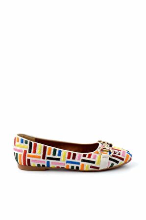 Bambi Ekru Nakisli  Kadın Loafer Ayakkabi K01641167082