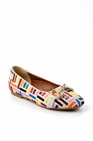 Bambi Ekru Nakisli  Kadın Loafer Ayakkabi K01641167082