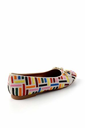 Bambi Ekru Nakisli  Kadın Loafer Ayakkabi K01641167082