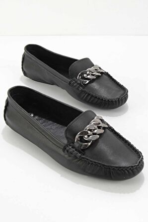 Bambi Siyah Hakiki Deri Kadın Loafer Ayakkabi K01671300403