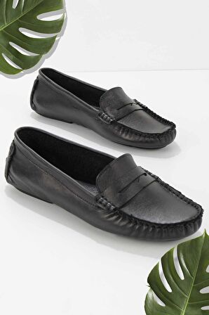 Bambi Siyah Hakiki Deri Kadın Loafer Ayakkabi K01671300203
