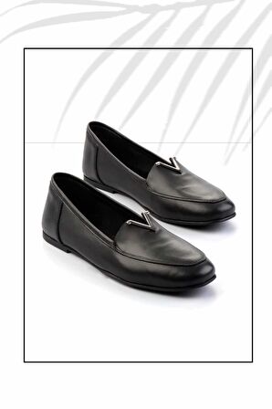 Siyah Siyah Hakiki Deri Kadın Loafer Ayakkabı K01815060303