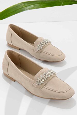 Bambi Bej Süet  Kadın Loafer Ayakkabi K01839216102