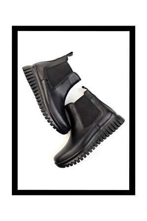 Siyah Hakiki Deri Kadın Bot & Bootie K02040451003