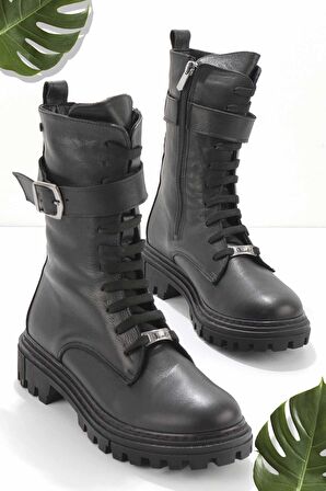 Bambi Siyah Hakiki Deri Kadın Bot & Bootie K02178300503