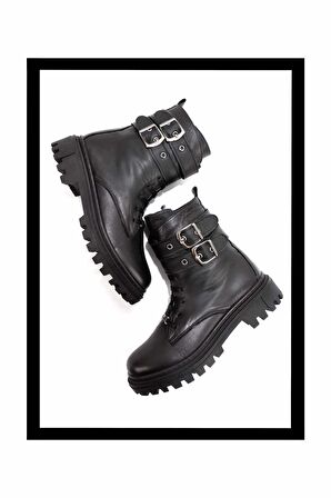 Siyah Hakiki Deri Kadın Bot & Bootie K02178001303