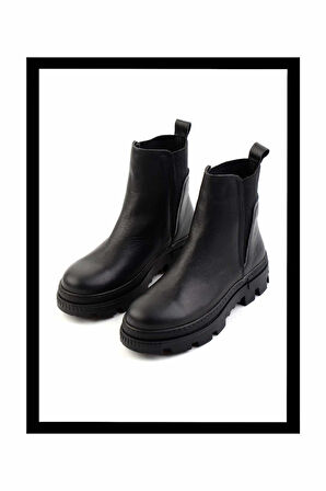 Siyah Hakiki Deri Kadın Bot & Bootie K02179200603
