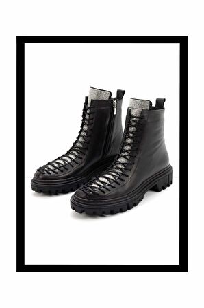 Siyah Lame Taşlı Hakiki Deri Kadın Bot & Bootie K02178001203