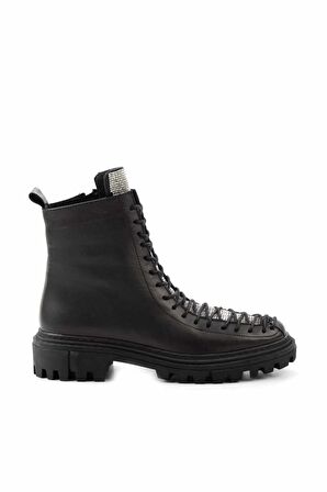 Siyah Lame Taşlı Hakiki Deri Kadın Bot & Bootie K02178001203