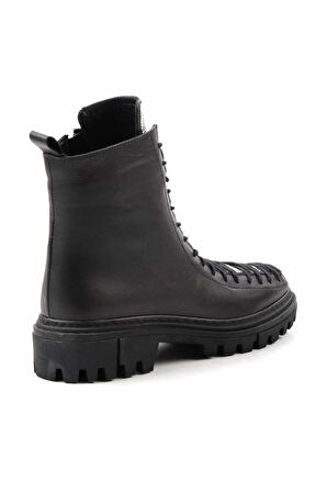 Siyah Lame Taşlı Hakiki Deri Kadın Bot & Bootie K02178001203