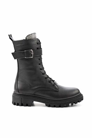 Siyah Platin Taşlı Hakiki Deri Kadın Bot & Bootie K02178001603