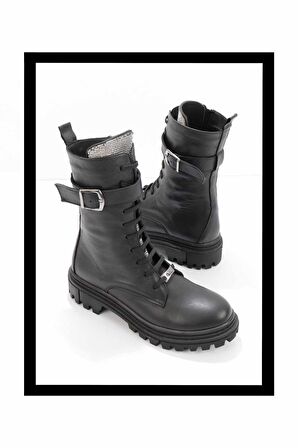 Siyah Platin Taşlı Hakiki Deri Kadın Bot & Bootie K02178001603