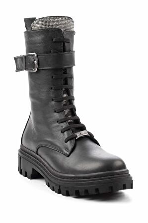 Siyah Platin Taşlı Hakiki Deri Kadın Bot & Bootie K02178001603