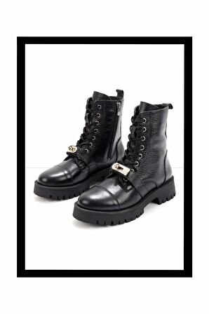 Siyah Hakiki Deri Kadın Bot & Bootie K02274320303