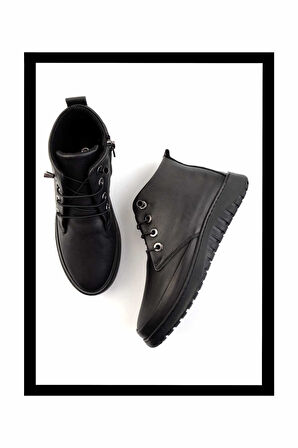 Siyah Hakiki Deri Kadın Bot & Bootie K02331800903