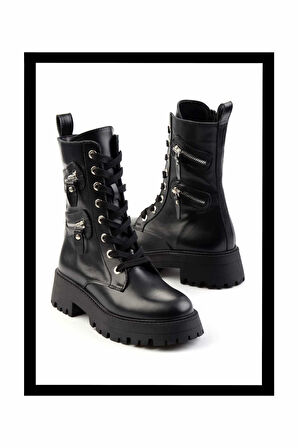 Siyah Hakiki Deri Kadın Bot & Bootie K02351321003