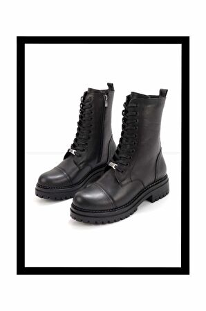 Siyah Hakiki Deri Kadın Bot & Bootie K02390031903