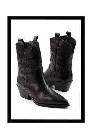 Siyah Hakiki Deri Kadın Bot & Bootie K02415017503