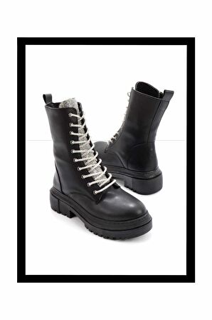 Siyah Lame Taşlı  Kadın Bot & Bootie K02503901209