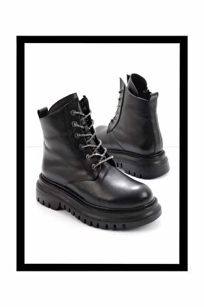 Siyah Hakiki Deri Kadın Bot & Bootie K02531206903