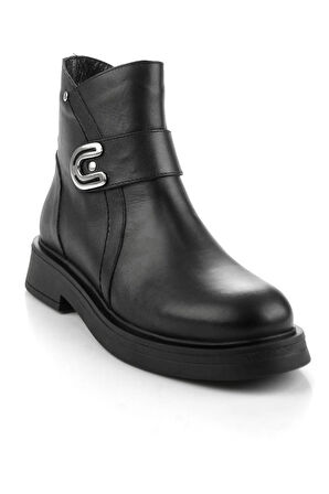 Siyah Hakiki Deri Kadın Bot & Bootie K02717030403