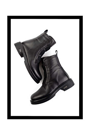 Siyah Hakiki Deri Kadın Bot & Bootie K02724202003