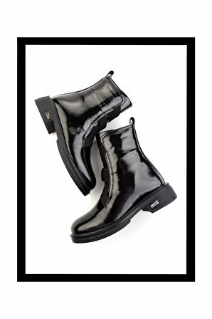 Siyah Kırışık Rugan Hakiki Deri Kadın Bot & Bootie K02724202008