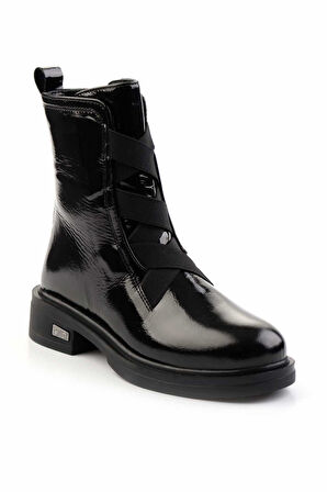 Siyah Kırışık Rugan Hakiki Deri Kadın Bot & Bootie K02724202008