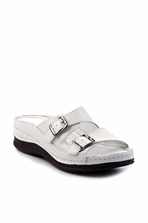 Beyaz Hakiki Deri Kadın Terlik K04272005003