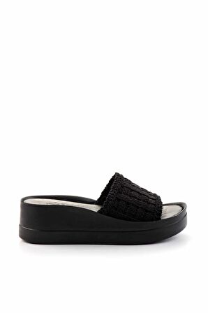 Siyah Örgü Hakiki Deri Kadın Terlik K04331555516