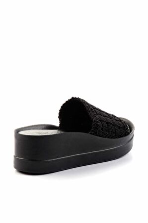 Siyah Örgü Hakiki Deri Kadın Terlik K04331555516