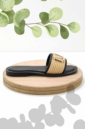 Bej Siyah Hasır  Kadın Terlik K04862501428