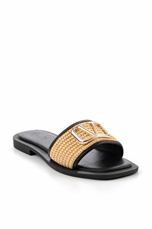 Bej Siyah Hasır  Kadın Terlik K04862501428