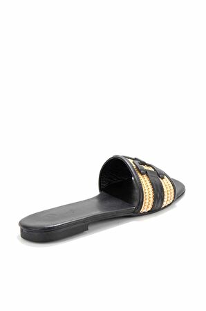 Bambi Bej Siyah Hasir  Kadın Terlik K04862001728