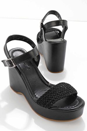 Siyah Örgü  Kadın Dolgu Topuklu Ayakkabı K05688950209