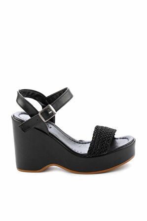 Siyah Örgü  Kadın Dolgu Topuklu Ayakkabı K05688950209