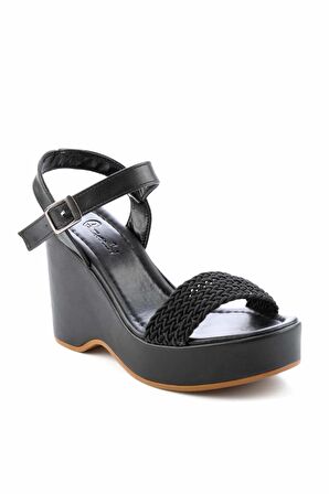 Siyah Örgü  Kadın Dolgu Topuklu Ayakkabı K05688950209