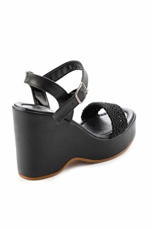 Siyah Örgü  Kadın Dolgu Topuklu Ayakkabı K05688950209