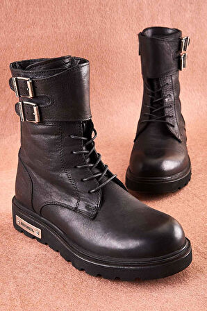 Black Hakiki Deri Kadın Bot & Bootie K0777055899