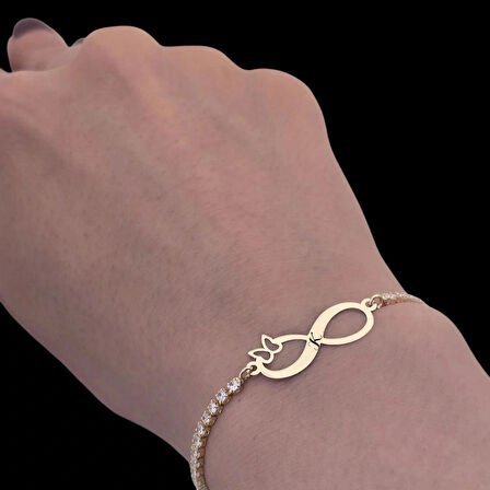 Zarif 14 Ayar Altın Plakalı Sonsuzluk Kelebek Motifli Beyaz Taşlı K Harfli Bileklik