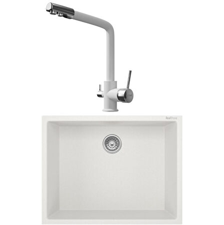 Real Stone K012 Beyaz Mutfak Evyesi + Abant Beyaz Arıtmalı Mutfak bataryası