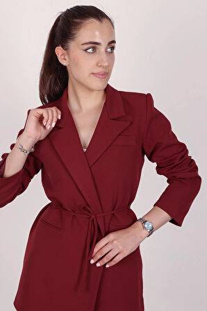 Kadın Bordo Bel Bağlamalı Blazer Ceket