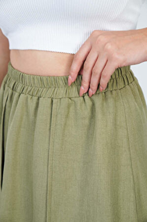 Haki Yırtmaçlı Uzun Şort Etek