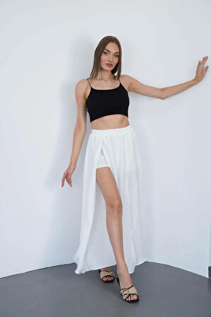 Beyaz Yırtmaçlı Uzun Şort Etek